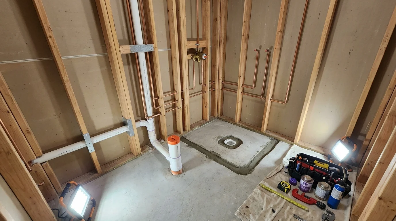 Bathroom rough-in plumbing during remodel by Johns Plumbing LLC in Phippsburg