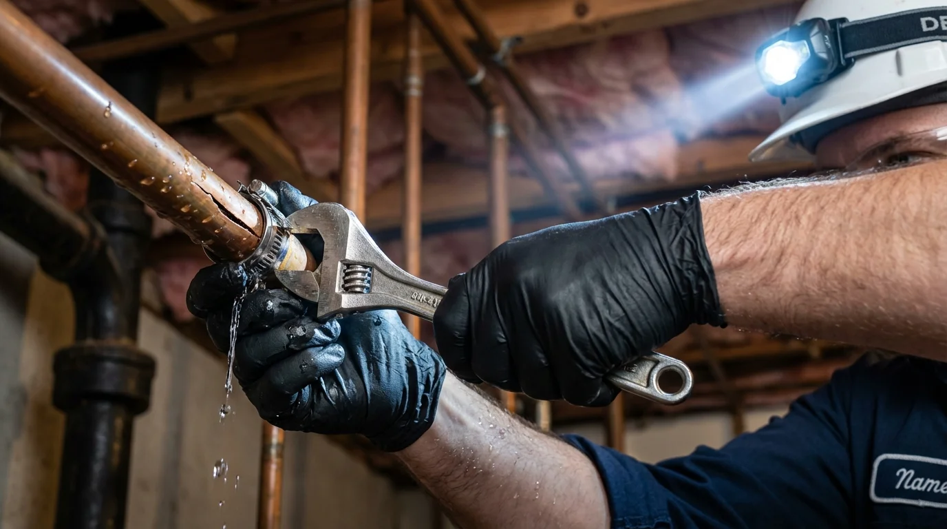 Emergency pipe clamp repair being performed by a Johns Plumbing LLC plumber in Phippsburg