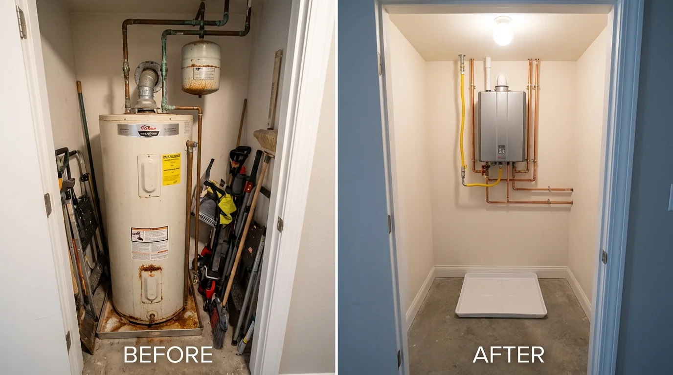 Tank water heater versus wall-mounted tankless unit comparison for Phippsburg, ME homeowners