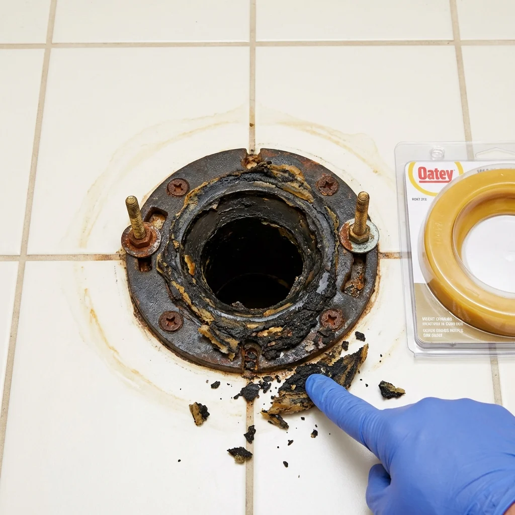 Failed wax ring showing water seepage at the base of a toilet in a Phippsburg, ME home