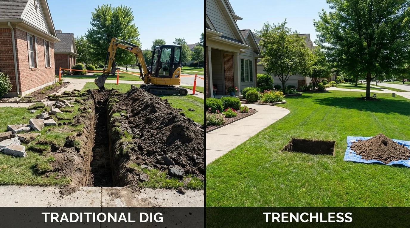 Trenchless sewer repair with minimal yard damage versus traditional excavation in Phippsburg, ME