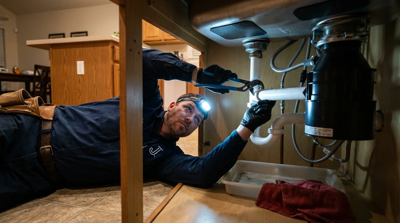 P-trap and supply line connections under a kitchen sink showing a common leak point in Phippsburg, ME
